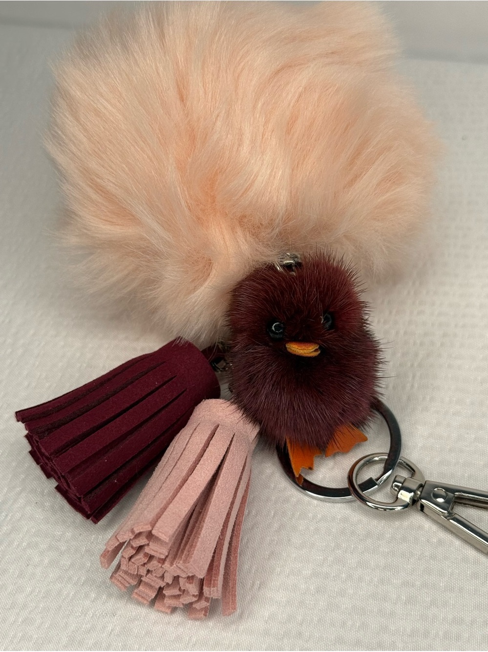 Fuzzy Pink Pom-Pom Bag Charm with Tassels and Matching Fuzzy Baby Birdie Charm